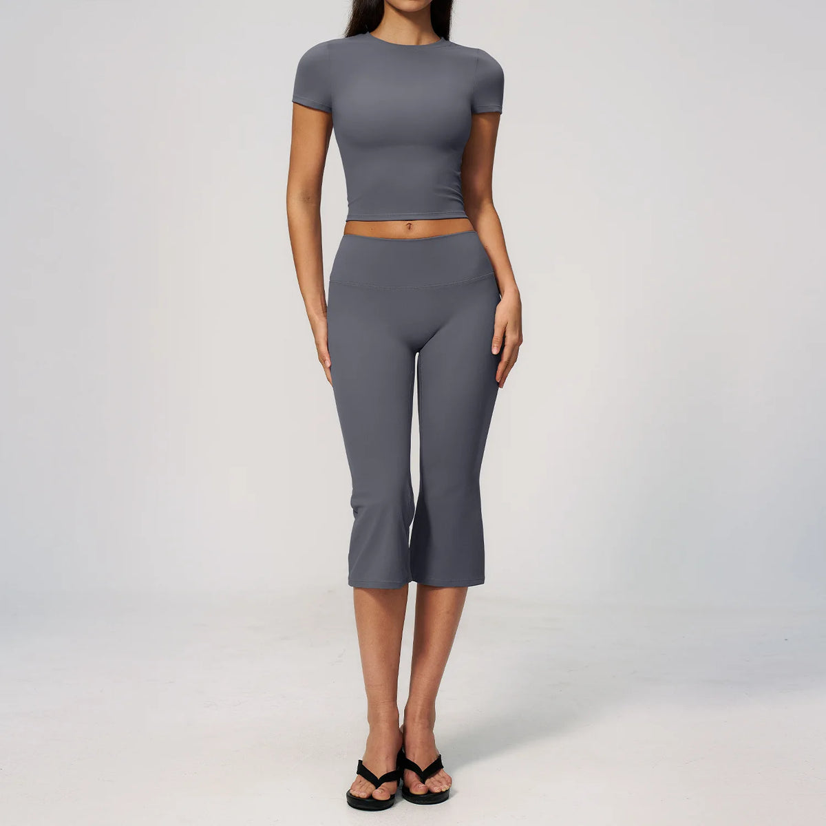 Yoga Set for Women High Waist Hip Lifting Tight Mid Pants Fitness Suit Short Sleeve O Neck Slimming Sports T Shirt Athletic Wear