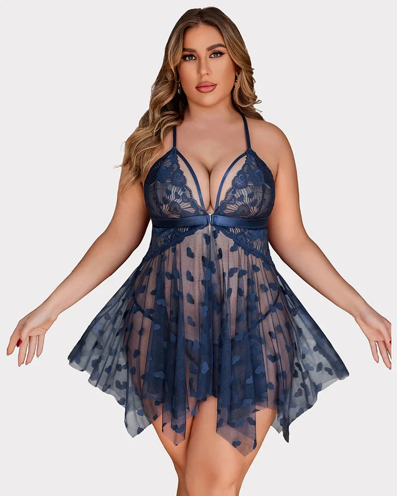 plus Size Heart-Patterned Lace-Trimmed See-Through Nightgown Front-Buttoned Split-Hem Backless Pajamas Women's Sexy Lingerie