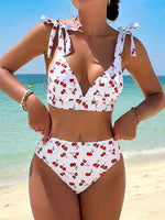 Black Cherry Print Bikini Set 2026 Women Tie Up Strap V Neck Push Up High Waist Swimsuit Cut Out Bathing Suit Two Piece Swimwear