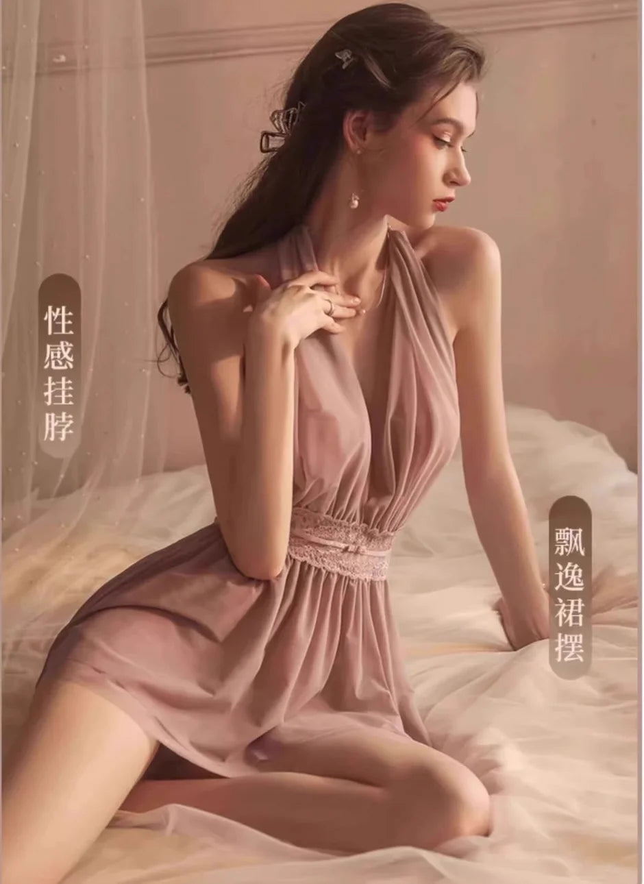 French Style Sexy Nightgown for Women Thin Strap Backless Lace Mesh Sleep Dress Summer French Style Hot Date Night Homewear