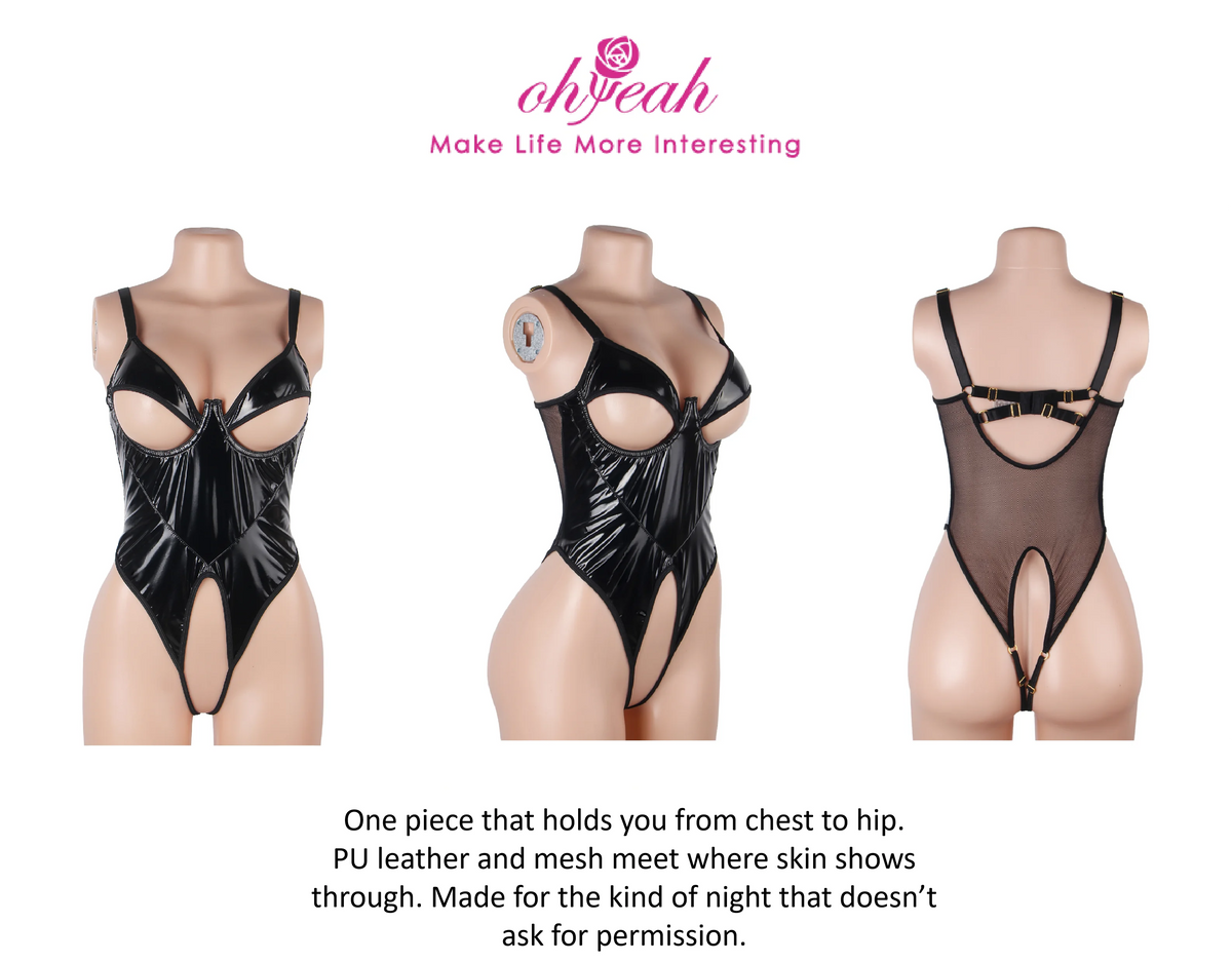 Black PU Leather Mesh Bodysuit for Women Hollow Out Open Crotch Teddy Lingerie Push Up One Piece Jumpsuit Underwear as Outerwear