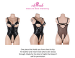 Black PU Leather Mesh Bodysuit for Women Hollow Out Open Crotch Teddy Lingerie Push Up One Piece Jumpsuit Underwear as Outerwear