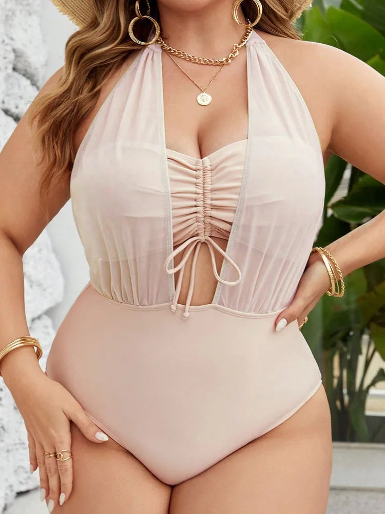 VigoJany 2026 Solid Patchwork Plus Size Swimwear Women Push Up Hollow Large One Piece SwimsuitBeach Chubby Big Bathing Suit