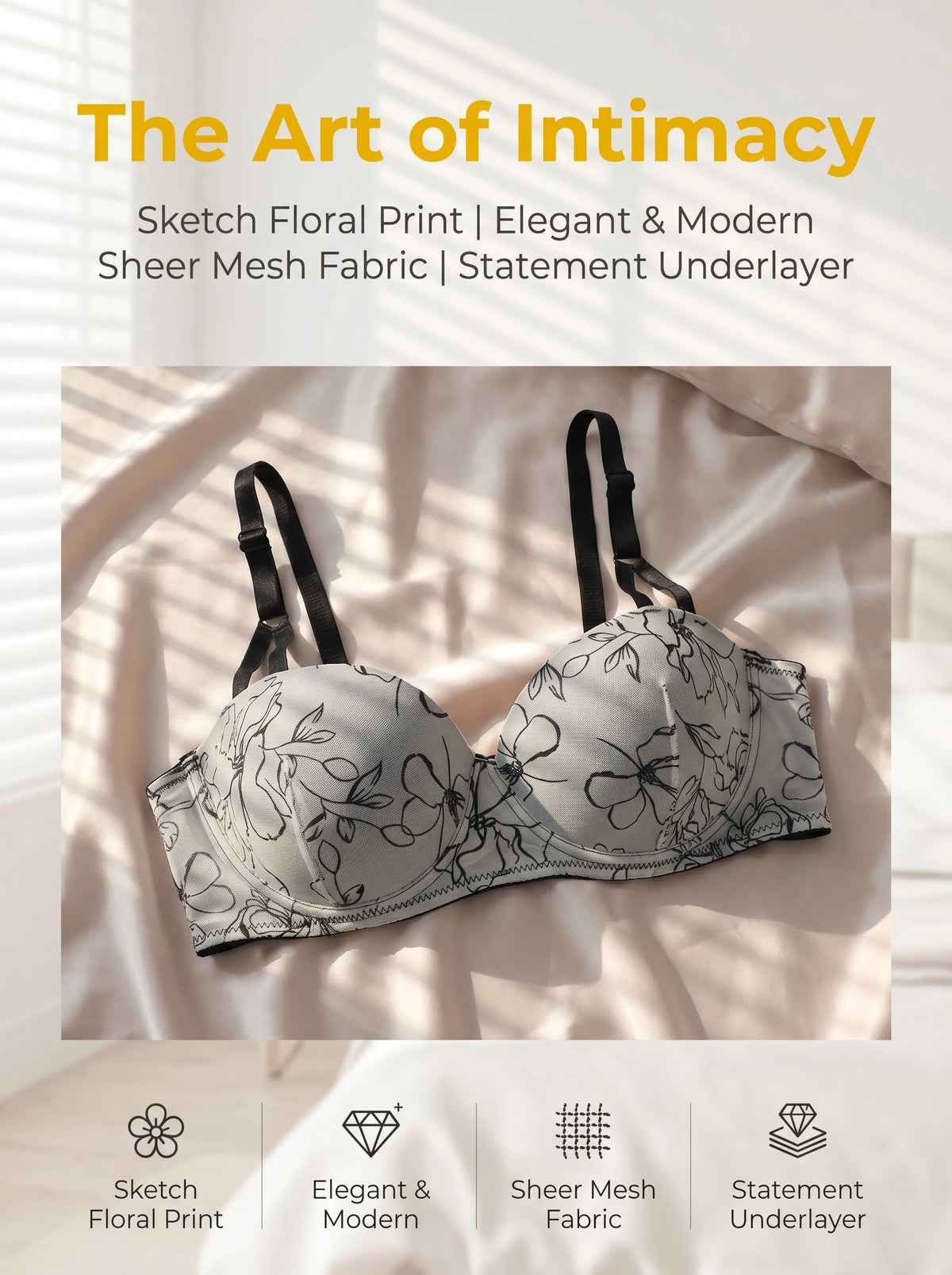 3/4 Cup Wireless Plus Size Bra Women Sexy Lace Floral Print Mesh Bralette Elegant Comfortable Everyday Lingerie B2518