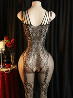 Sheer Floral Jacquard Fishnet Bodysuit - High Stretch, Open Chest, Women's Sexy Lingerie Crotchless Bodystockings Erotic Outfits