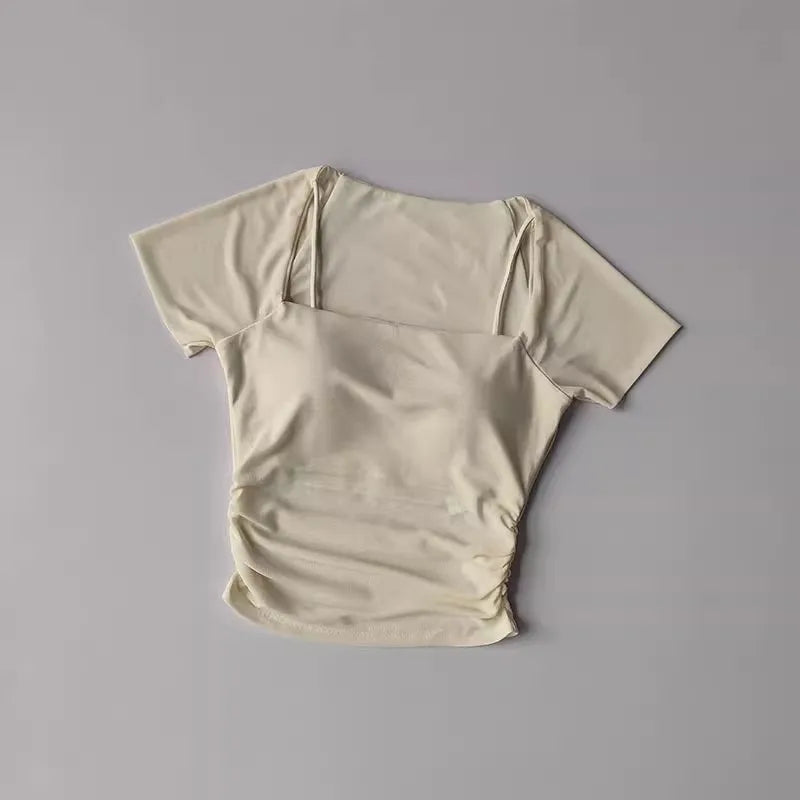 Women's yoga fitness short sleeved T-shirt, fixed chest cushion mesh fake two-piece yoga training fitness top