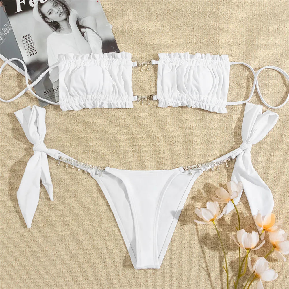 Sexy Rhinestone Chain Micro Thong Bikini Women Swimwear Ruffled Bandeau Swimsuit Knotted Bathing Swimming Suit Bikinis Sets 2026