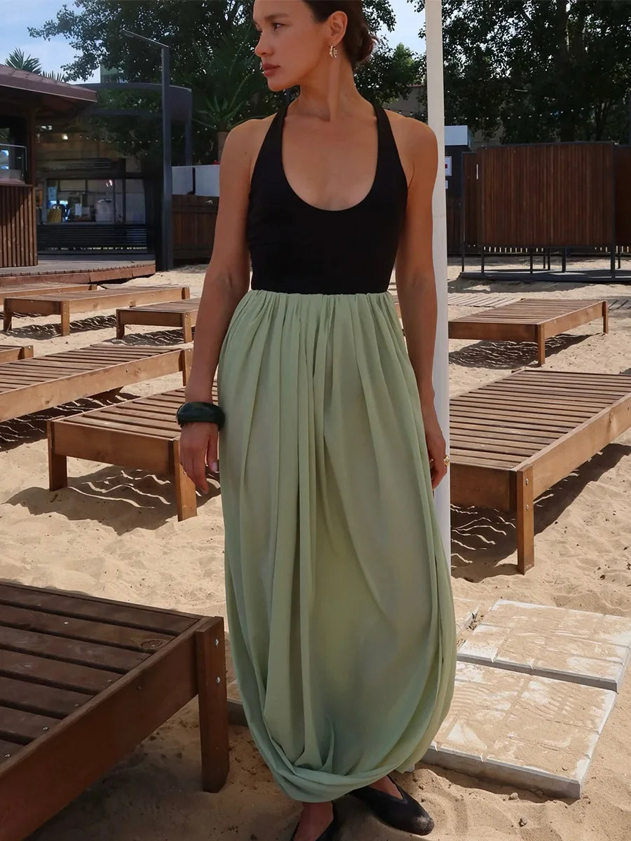 FDYOUI Elegant Solid Color Pleated Skirts for Women 2026 Chic High Slit Long Skirt High Street Office Lady Vacation Party Dress