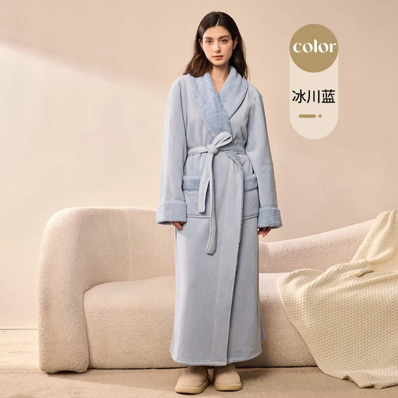 2026 Autumn Winter New Thick Coral Fleece Couple Bathrobe, Long Flannel Robe for Men Women Warm Home Pajamas Loungewear