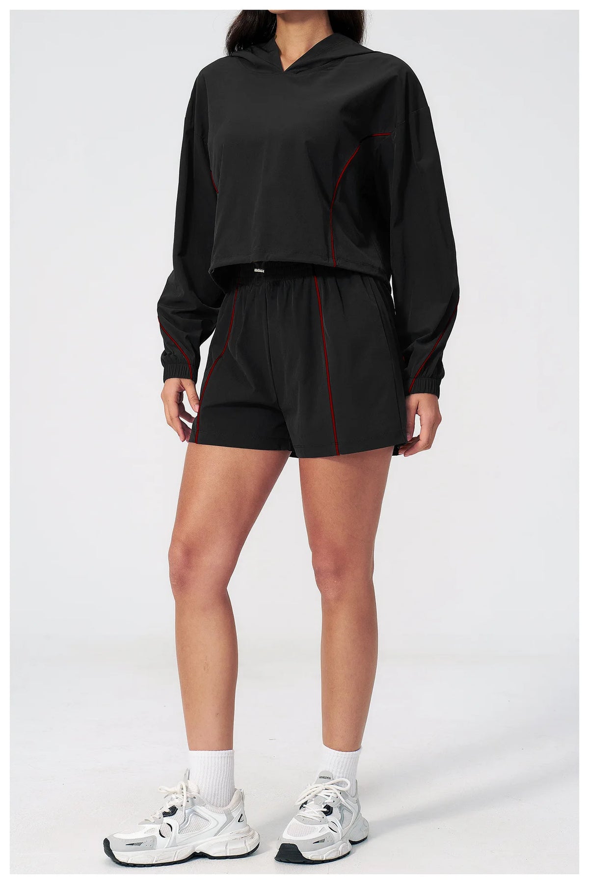 Summer Sun Protection Yoga Suit Women Contrasting Colors Long Sleeve Hoodies Top High Waist Shorts Running Fitness Athletic Wear