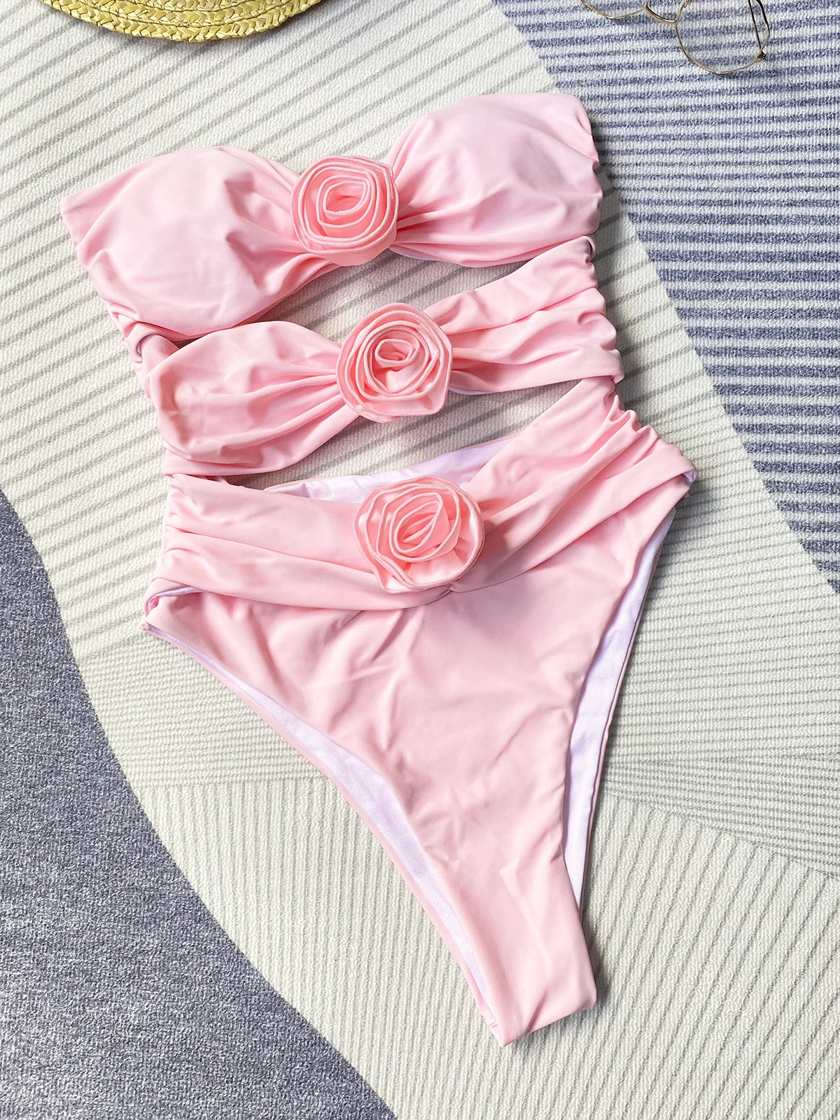 DEKA Solid Floral Swimwear Ruffle One Piece Swimsuit Hllow Out Push Up Women Bikini Set Slimming Bathing Suit Beach Wear