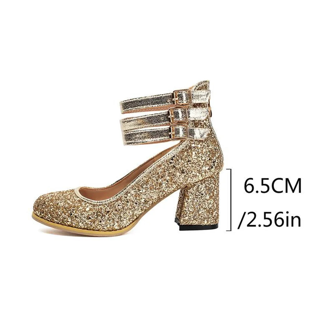 Big Size 48 Bling Sequined Silver Wedding Pumps Elegant Block High Heels Shoes Women Black Gold Glitter Ankle Strap Party Pumps