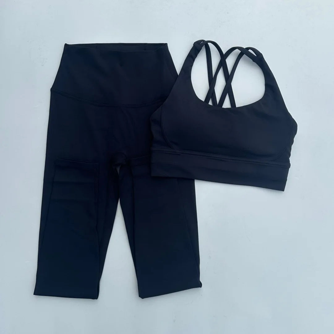 Solid Color Soft Women Gym Yoga Legging Set Cross Back Shoulder Strap Gym Yoga Bra+High Waist Sport Leggings 2pc Tight Sportwear