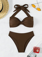 Sexy Front Tie Bikini Set Women Brown Halter Push Up Padded Micro Swimsuit 2025 Summer Bathing Suit High Waist Swimwear Biquini