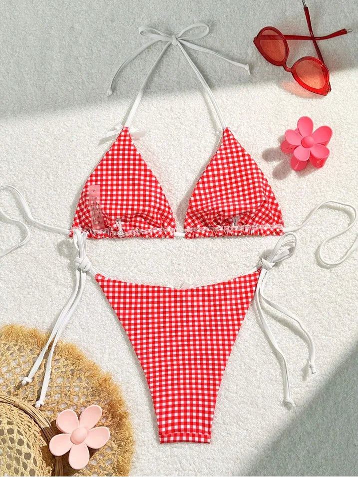 Sexy Micro Bikini 2024 Gingham Print Swimsuit Female Swimwear Women Strings Thong Bikinis Set Bather Beachwear Bathing Suit Pool