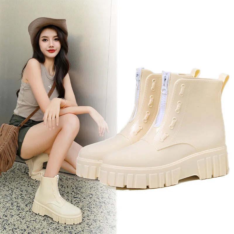 Women Thick Soled Rain Boots Non-Slip Fashion Outdoor Wear-resistant Rubber Waterproof Shoes Women Jelly Soft Soled Rain Boots