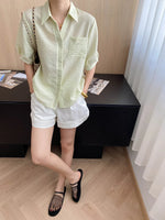 Turn-Down Collar Loose Short-Sleeve Shirt Women White Short Sleeve Shirt Chest Pocket V Neck Button Casual Summer Blouse H9EH