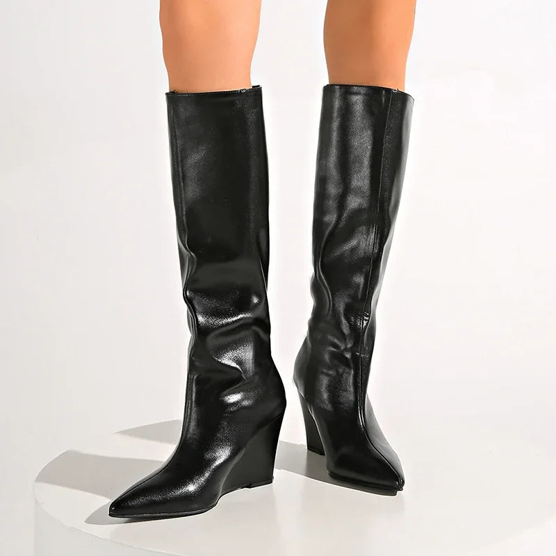 Fashion Wedge High Heels Long Boots Women Plus Size Pu Leather Knee High Botas Mujer Sexy Punk Black Pointed Toe Boots Woman