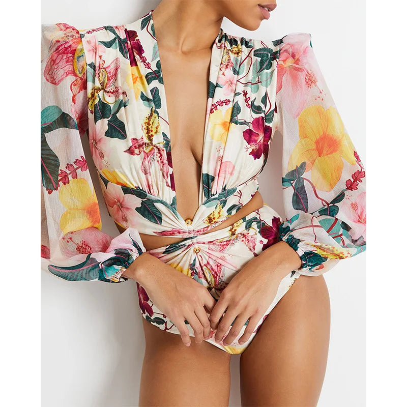 One Piece Swimsuit Sexy Long Sleeve Tropical Print Swimwear Women Bandage Monokini Hollow Out Bathing Suit String Beachwear 2023