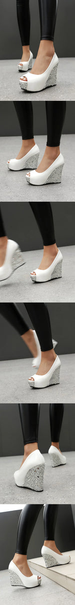 Plus Size Elegant Sequined White Chunky Platform Pumps Women's Black Pink Peep Toe Wedges High Heels Shoes for Party Wedding