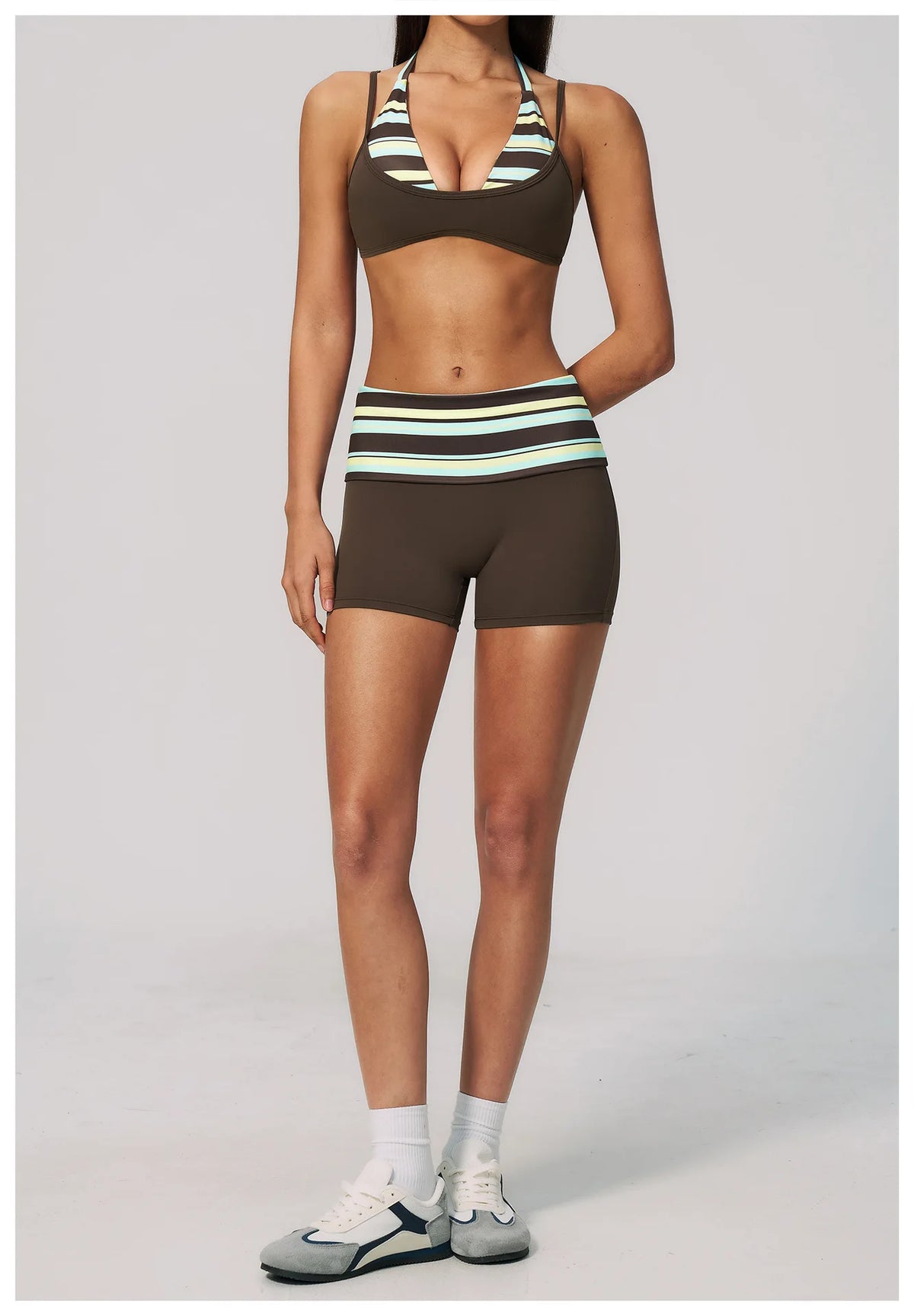 Breathable Striped Patchwork Yoga Clothing Women Fake Two-piece Sports Bra Folding High Waist Shorts Gym Running Fitness Suit