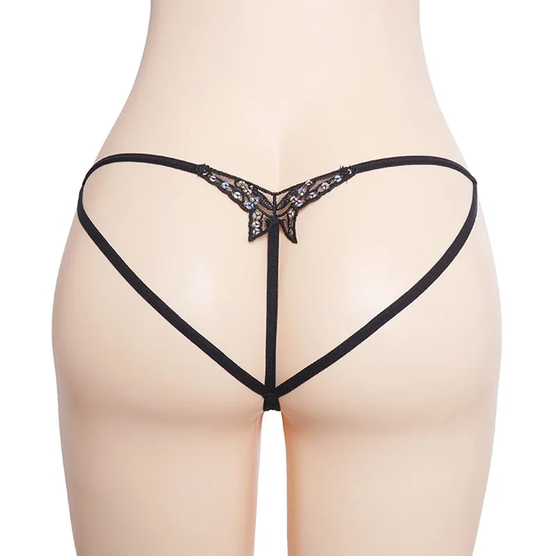 Double-Layer Thin Strap Sexy Thong Butterfly Embroidery Low Waist Sexy Bikini Pure Lace Sequins T-Shaped Panties Sexy G-strings