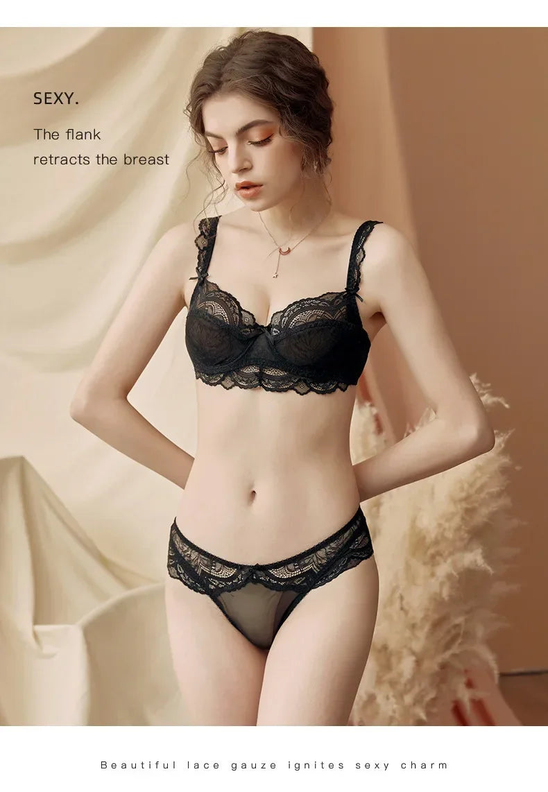 MOYISU Pure Desire Lace Bra Set Women Sexy Anti-Sag Push Up Bralette Sheer Underwear for Big/Small Chest Comfort Support