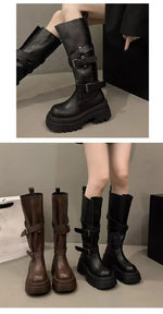 2026 New Vintage Thick Bottom Woman Knee High Boots Fashion Belt Buckle Zippers Shoes Female Knight Long Booties Shoes