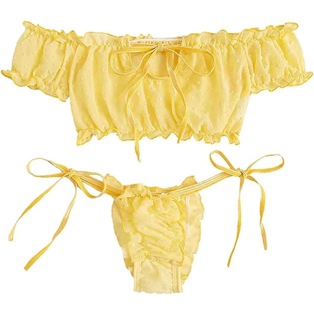 Porn Women Sexy Lingerie Off Shoulder Bralette Strapless Ruffles Bra and Panty Sets Female Transparent Underwear