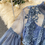2 Pcs/Set Women Dress Suit Floral Embroidery See-through Lace Lantern Sleeves Pleated A-line Elastic Waist Dress Slip Dress Suit
