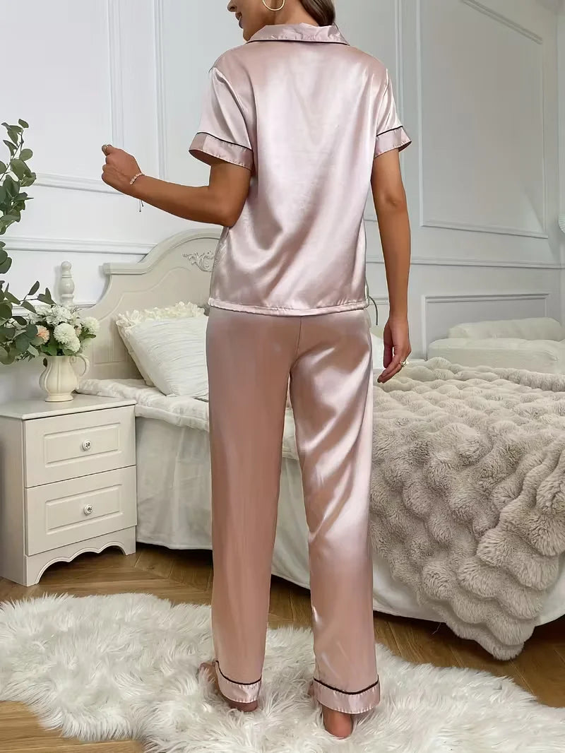 Autumn Winter Sleepwear Women's Satin Pajamas Set,Short Sleeve Top and Long Pants,Comfortable Casual Home Wear and Outdoors