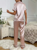 Autumn Winter Sleepwear Women's Satin Pajamas Set,Short Sleeve Top and Long Pants,Comfortable Casual Home Wear and Outdoors