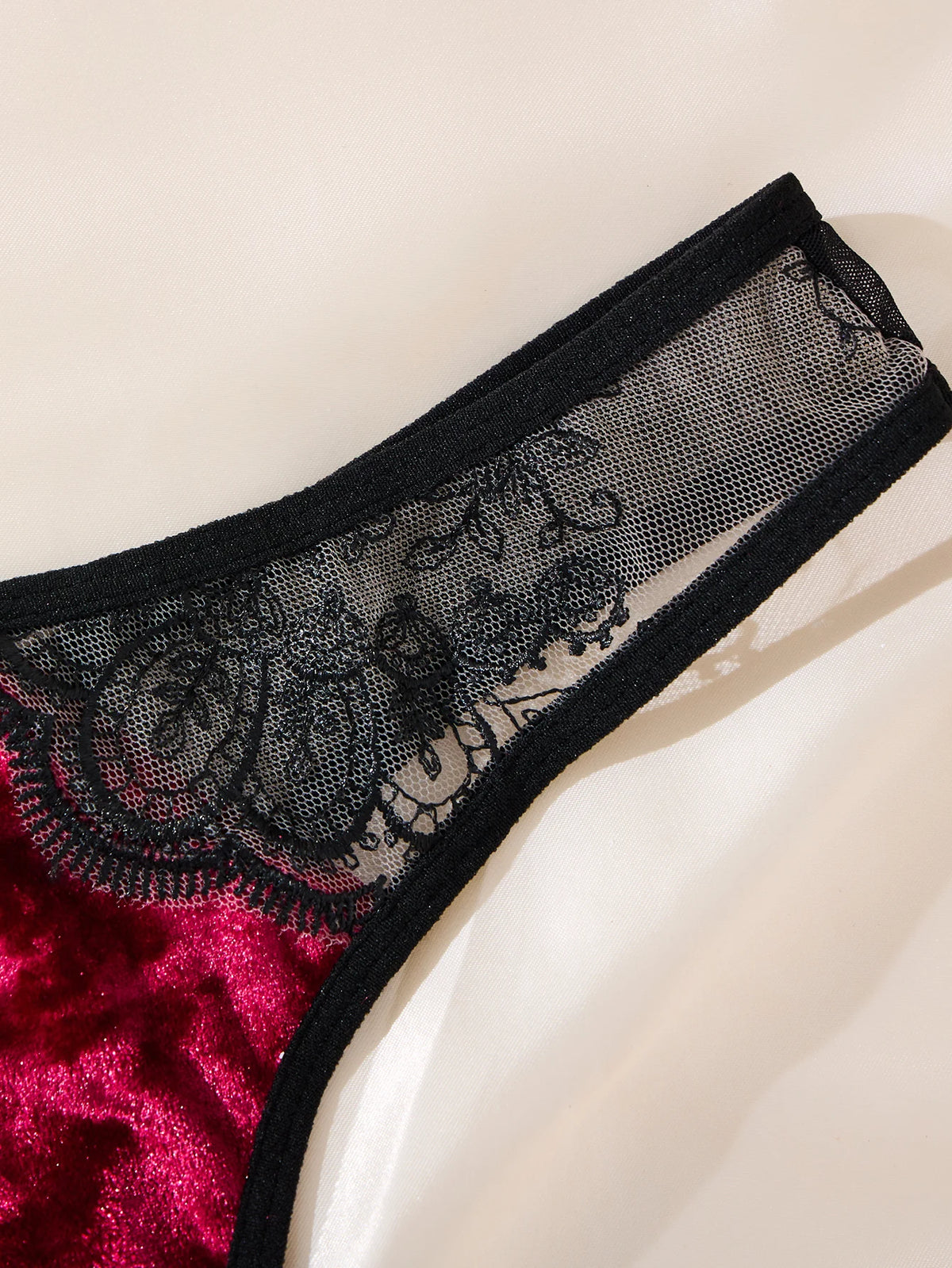 Limited edition retro Hong Kong style red and black velvet lingerie set - see-through lace trimmed bra+thong underwear ZA825166