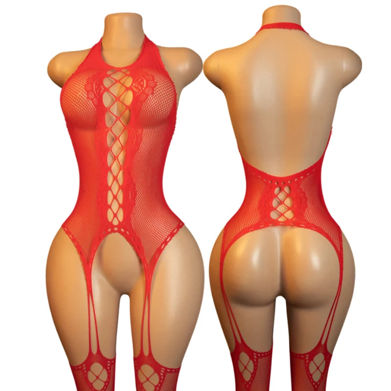 Hanging Neck Bodystockings Erotic Crotchless Lingerie Women FishnetAdult See Through Bodysuit Open Bra Porn Desire Underwear