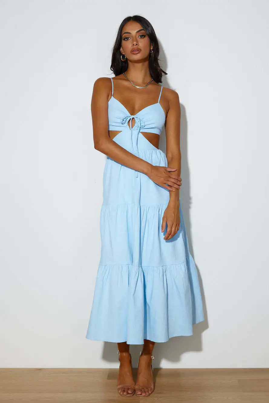 Spaghetti Strap Vacation Long Dress For Women Summer 2025 Fashion Elegant Sleeveless Backless Hollow Out Vestidos Party Dresses