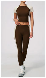 Nake Yoga Set Women's Tracksuit Color Contrast Short Sleeve Slim Sports T Shirts High Waist Leggings Fitness Clothes Gym Outfits