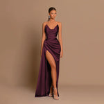 Elegant Strapless Solid Evening Gown Chic Satin Corset Dress for Women V-neck Split Blue Long Dress Lady Summer Party Dress up