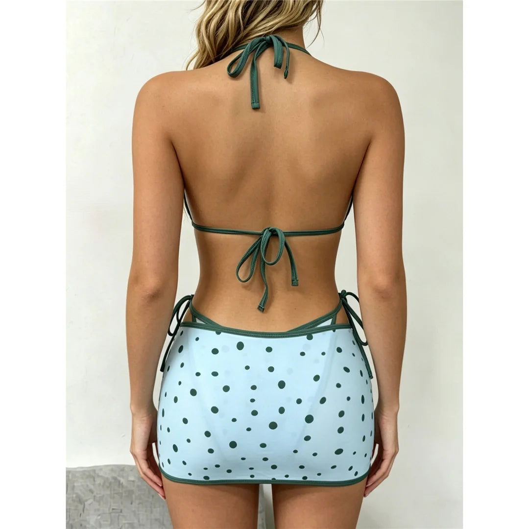 With Skirt Polka Dot Halter Bikini Female Swimsuit Women Swimwear Three-Pieces Bikini Set Strappy Bather Bathing Suit Swim V8380