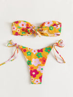Sexy Bandeau Bikini 2025 Women Pink Floral Print Ring Circle Push Up Micro Swimsuit Off Shoulder Bathing Suit Thong Swimwear