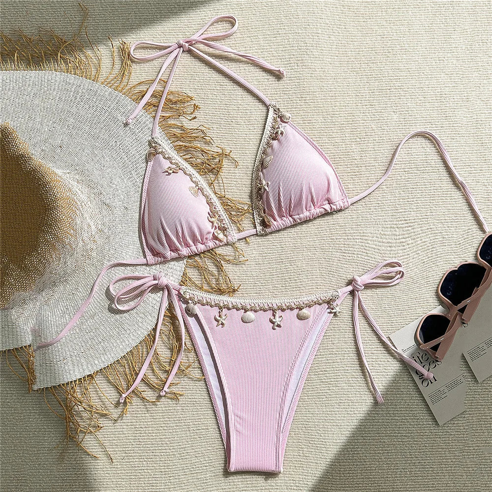 Shell Decoration Swimwear String Halter Bikinis Sets Micro Thong Sexy Swimsuit Women 2026 Bathing Suit Purple Triangle Bikini