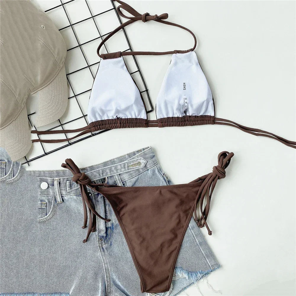 Sexy Brown String Halter Micro Thong Bikinis Sets Lace-up Swimsuit Hollow Out Swimwear Women 2026 Biquinis Bathing Suit Bikini
