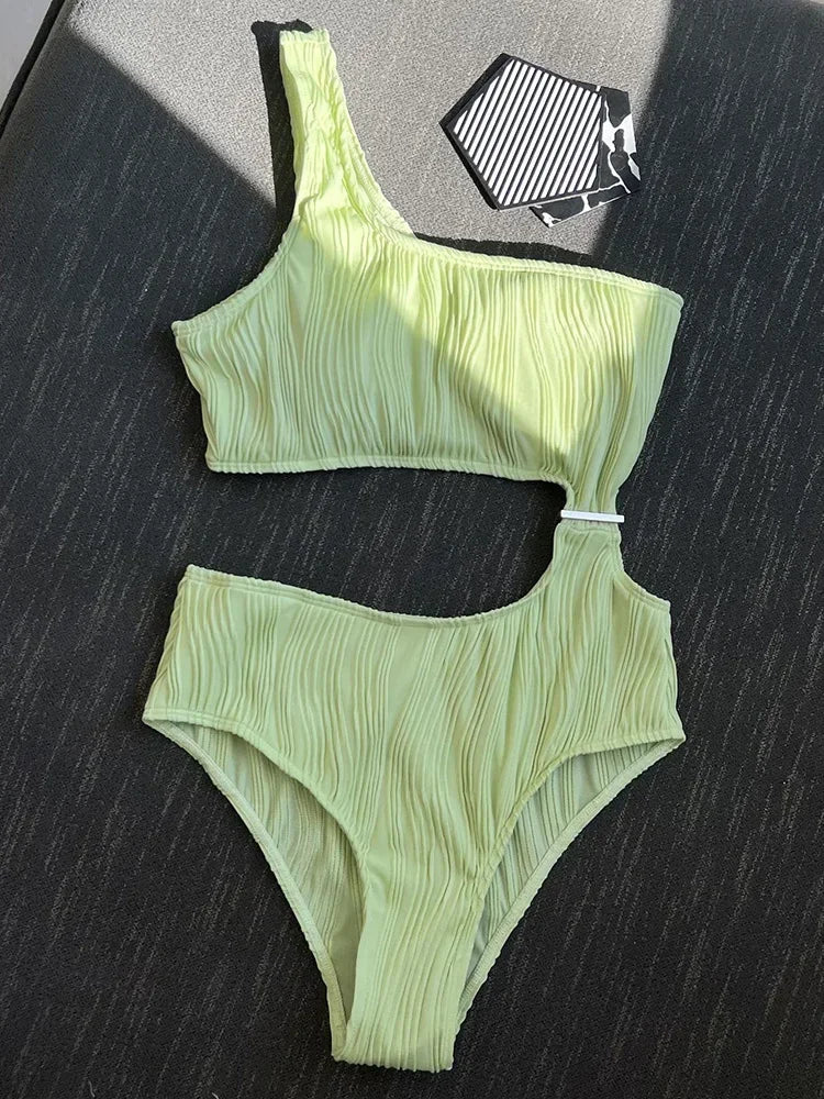 Wrinkled Asymmetric One Shoulder Female Swimwear One Piece Swimsuit Women Monokini Bather High Cut Out Bathing Suit Swim Lady
