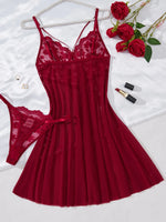 Deep V netted embroidered nightgown and thong set. Red lace strapless sexy women's homewear. ZA825096