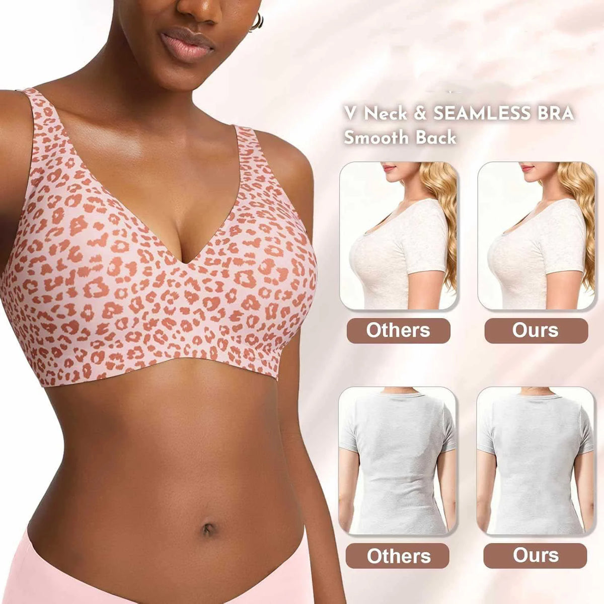 Women's Seamless Pink Leopard Print Bra Wire-Free Bra Full Cup Soft Thin Mold Support Breathable and Beauty Deep V Plus Up Bra