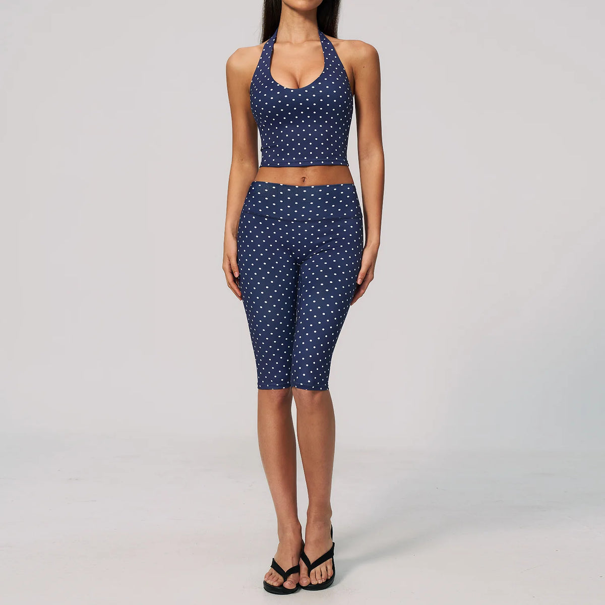 New Summer Women White Polka Dot Print Yoga Sets Hanging Neck Slim Sport Vest High Waist Mid Pants Gym Two-piece Workout Clothes