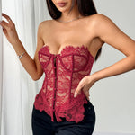 Y2K Street Tank Top Women Summer Lace Front Embroidery Floral Buttom Push Up Underwire Strapless Bandage Fishbone Vest