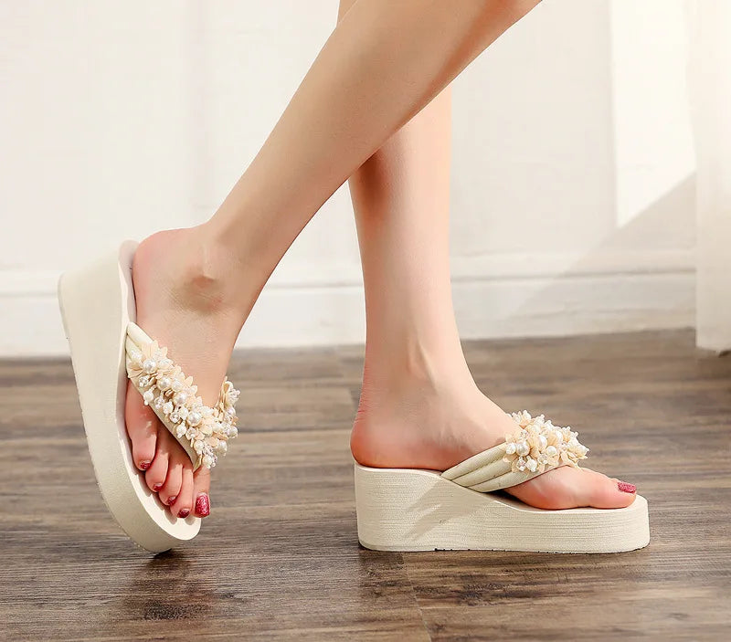 Big Size 42 Fashion Flip Flops For Women Summer Wedges Shoes EVA Sole String Bead Female Indoor Beach Slippers Slip-on Sandals
