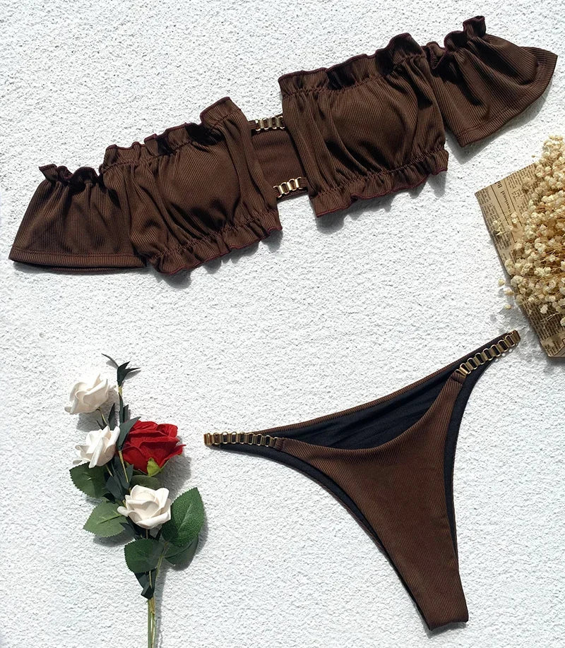 Floral Print Off Shoulder Bikini 2025 High Cut Swimsuit Women Female Brazilian Swimwear Two pieces Bikini set Bathing Suit Swim