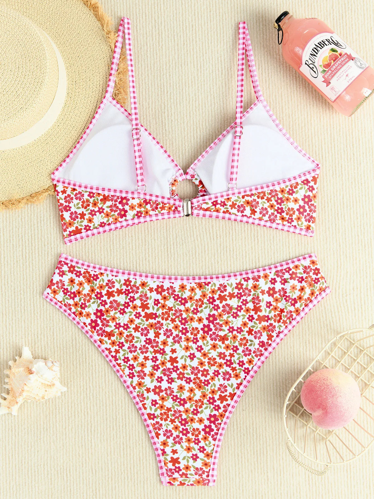 Rose Red Flower Print Bikini Set Women 2026 Summer New High Waist 2 Piece Swimsuit V-neck Bra Push Suspender Backless Swimwear