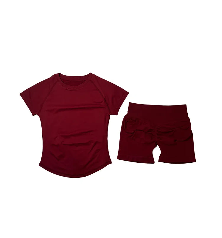 DFTLF Women 2PCS Seamless Yoga Suit Short Sleeve Top High Waist Shorts Quick Dry Breathable Gym Fitness Running Workout Sport